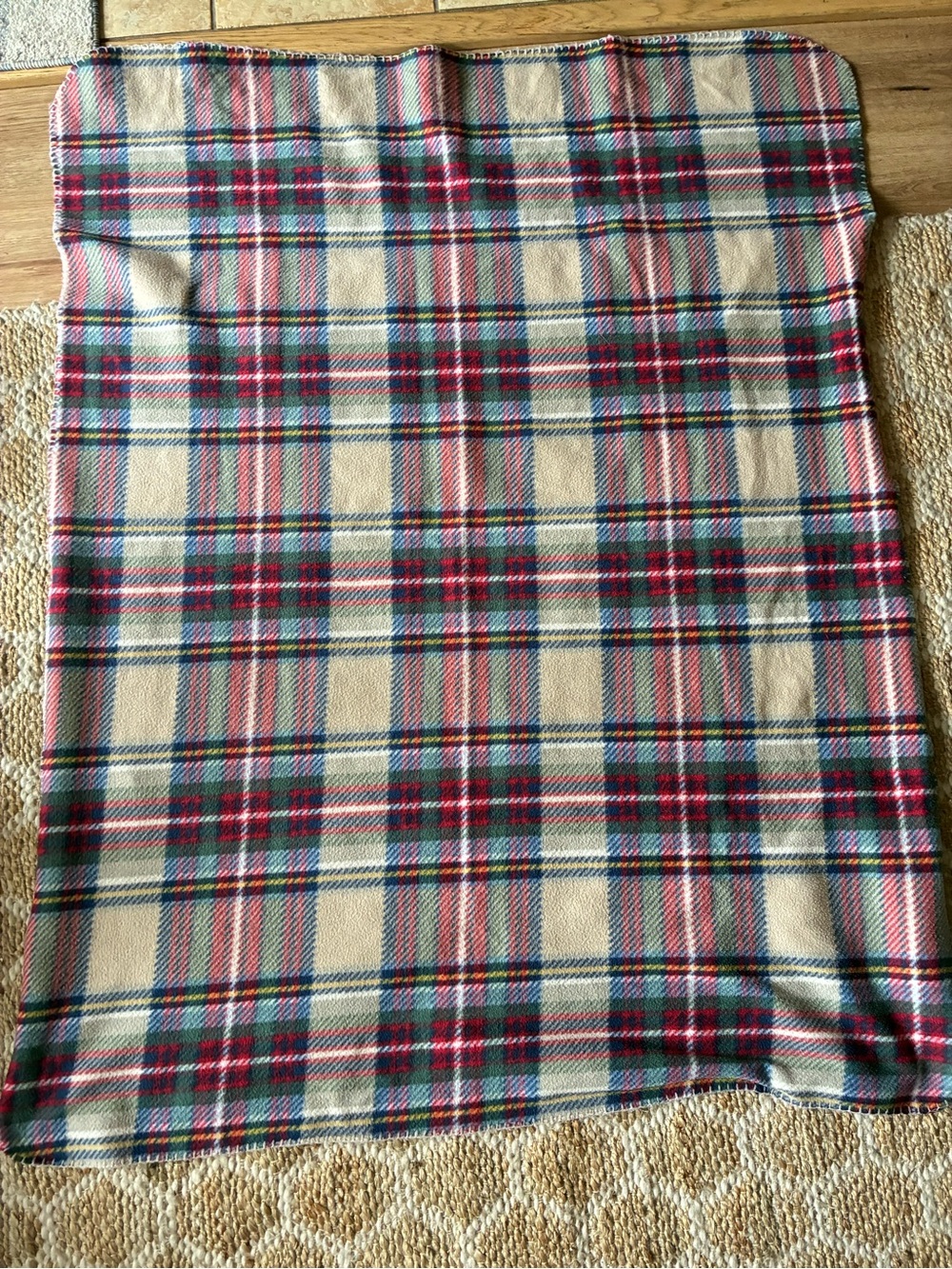 Beige Plaid Fleece Throw Blanket with Red & Green Accents